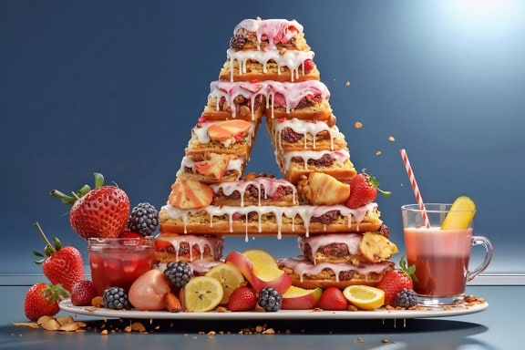 Lahodná narodeninová vaflová torta v tvare písmena A na tanieri s množstvom čerstvého ovocia a s jahodovým džúsom