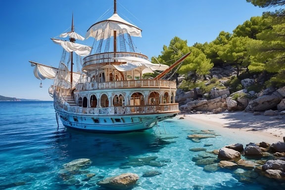 Et turistcruiseskip i stil med viktoriansk bysseskip med hvite seil på master på kysten ved kysten