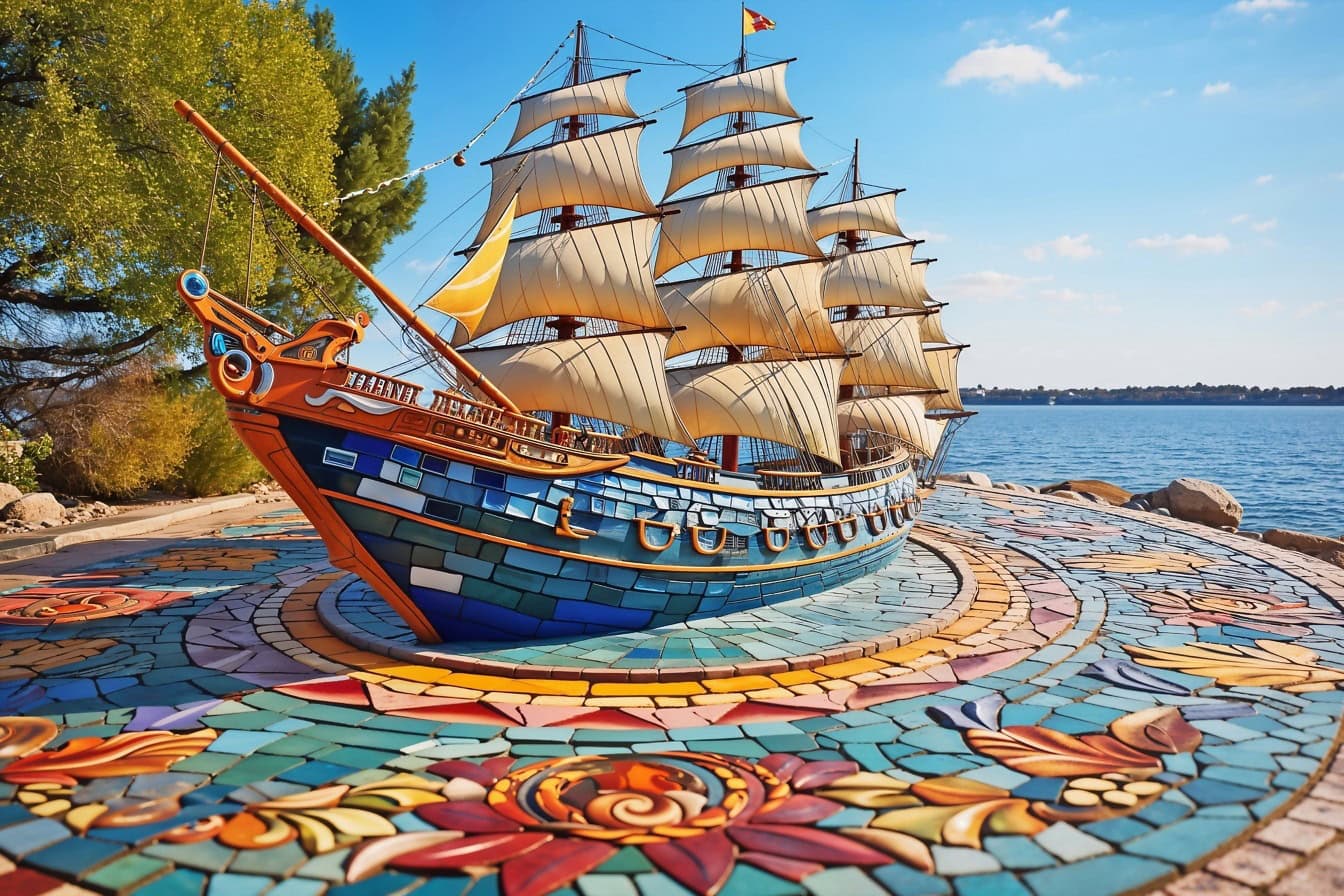 Strand versierd met een sculptuur van een zeilschip gemaakt van kleurrijk keramiek