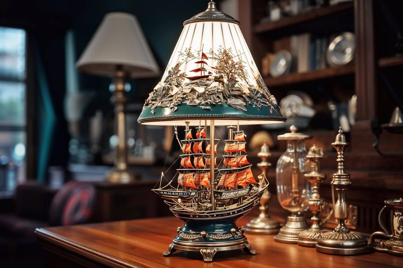 Mimořádná lampa ve viktoriánském stylu ve tvaru plachetnice na stole