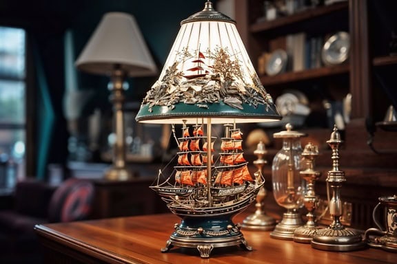 Extraordinária lâmpada de estilo vitoriano em forma de veleiro sobre uma mesa