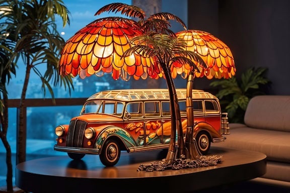 Maqueta de juguete de un autobús de colores bajo una lámpara con pantalla realizada en la técnica de vidrieras en forma de palmas