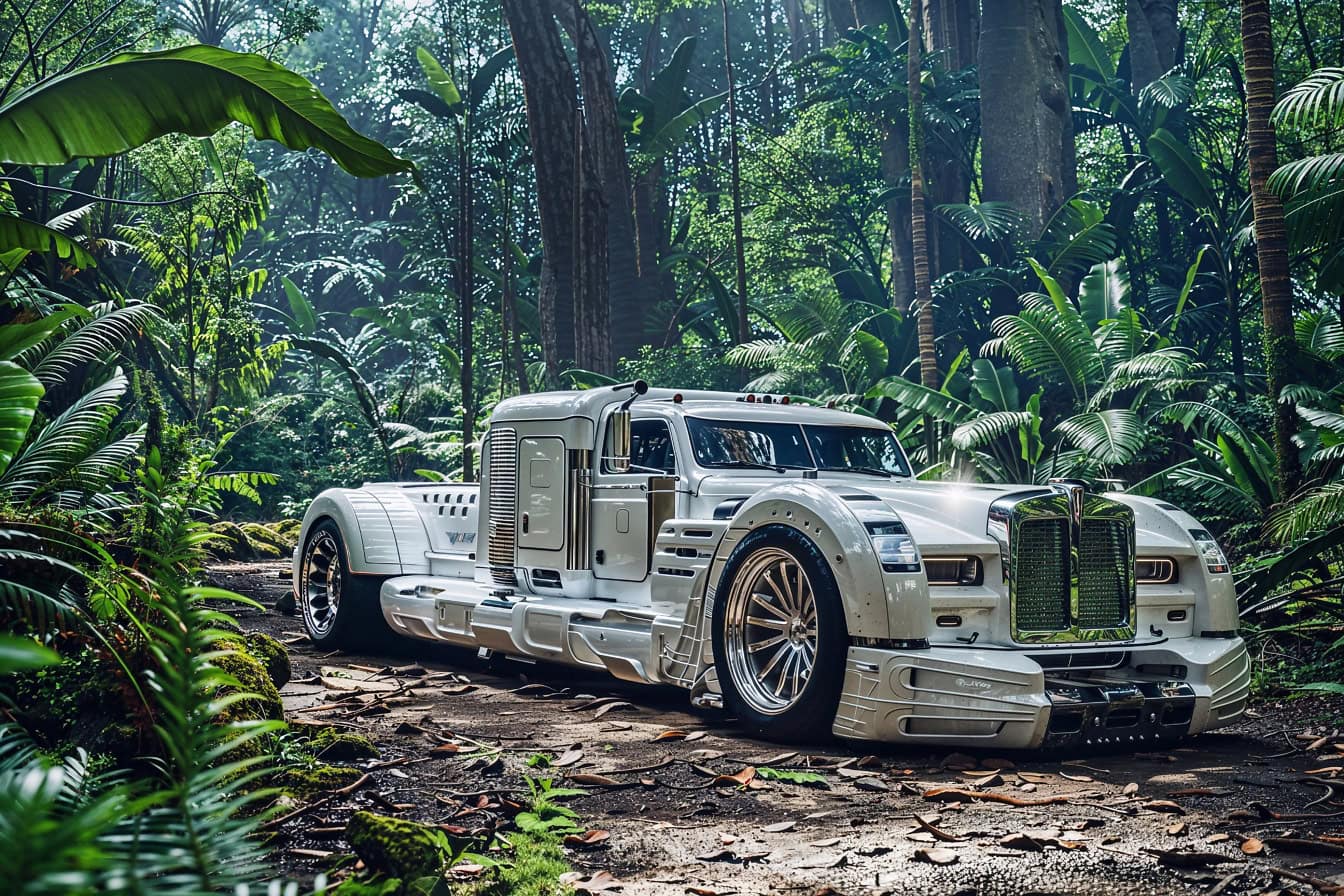 Extraordinária fotomontagem de um caminhão-limusine branco na floresta
