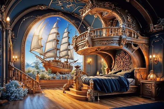 Kraljevska spavaća soba u nautičkom stilu s bračnim krevetom i muralom broda u pozadini