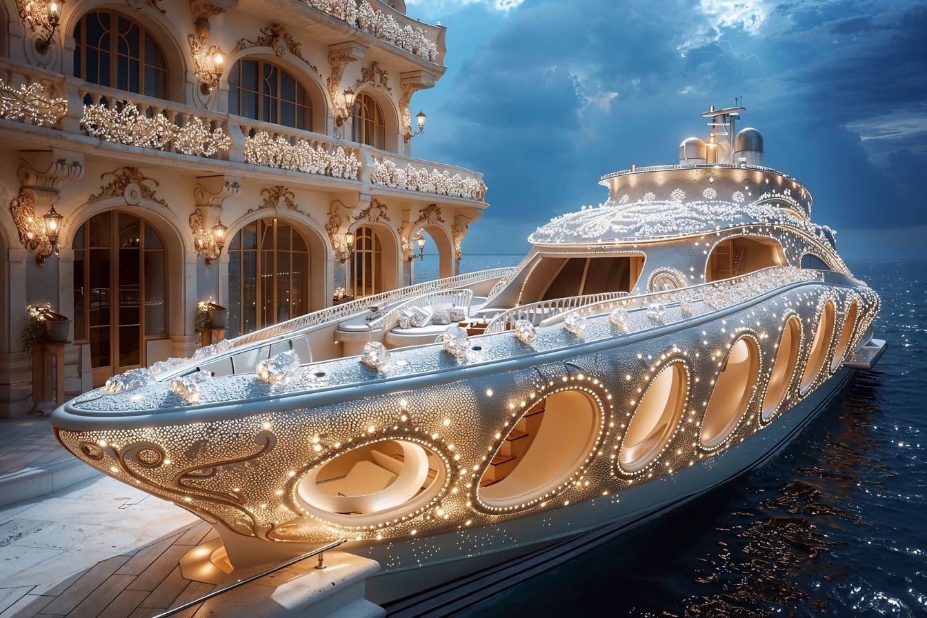 Konsep kapal pesiar mewah futuristik dengan banyak lampu berlabuh di teras vila tepi pantai di malam hari