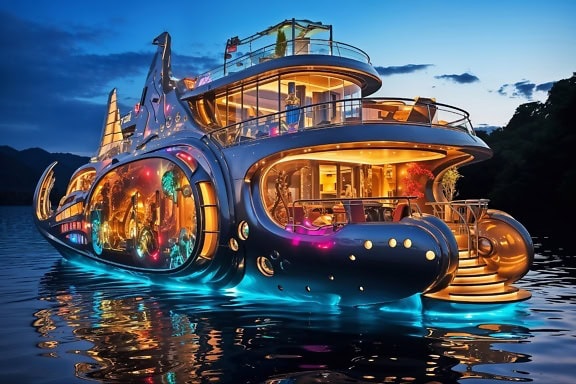 Концепция футуристической яхты с яркой неоновой подсветкой и декором в стиле поп-арт на воде вечером