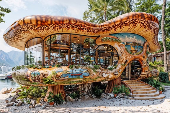 蘑菇形状的海滨咖啡馆的有趣外观