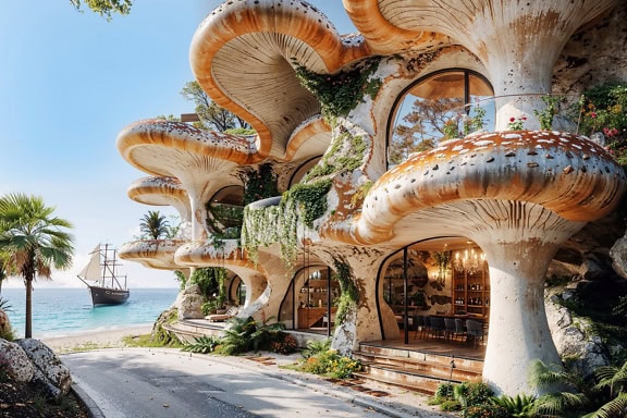 Fotomontagem de uma casa na praia em forma de cogumelos com uma estrada de asfalto à sua frente