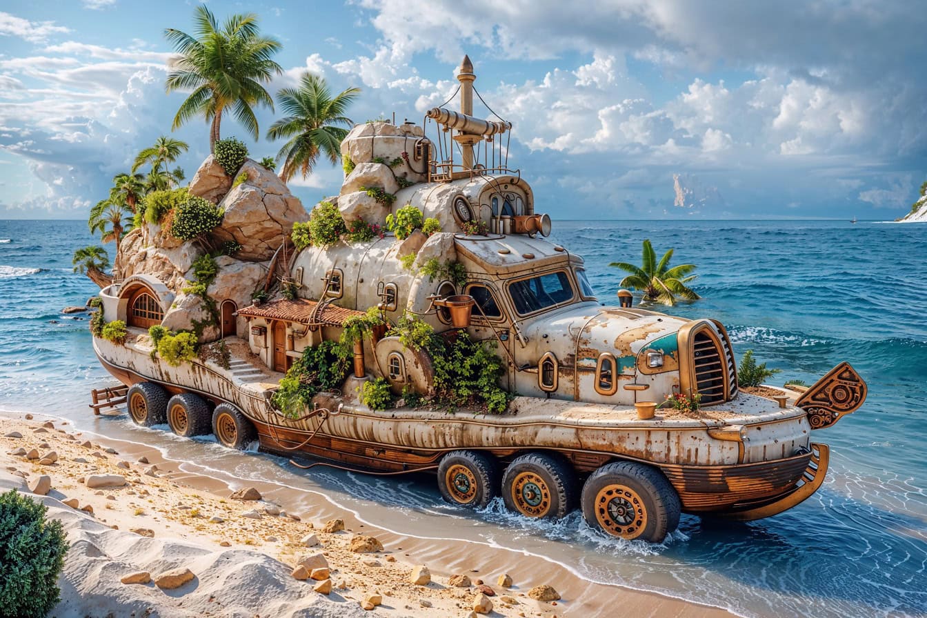 Fotomontáž sci-fi obojživelného vozidla na pláži vo forme tropickej plachetnice v námornom štýle