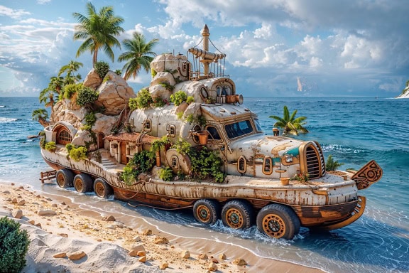 Fotomontasje av et science fiction amfibisk kjøretøy på stranden i form av et tropisk seilskip i maritim stil