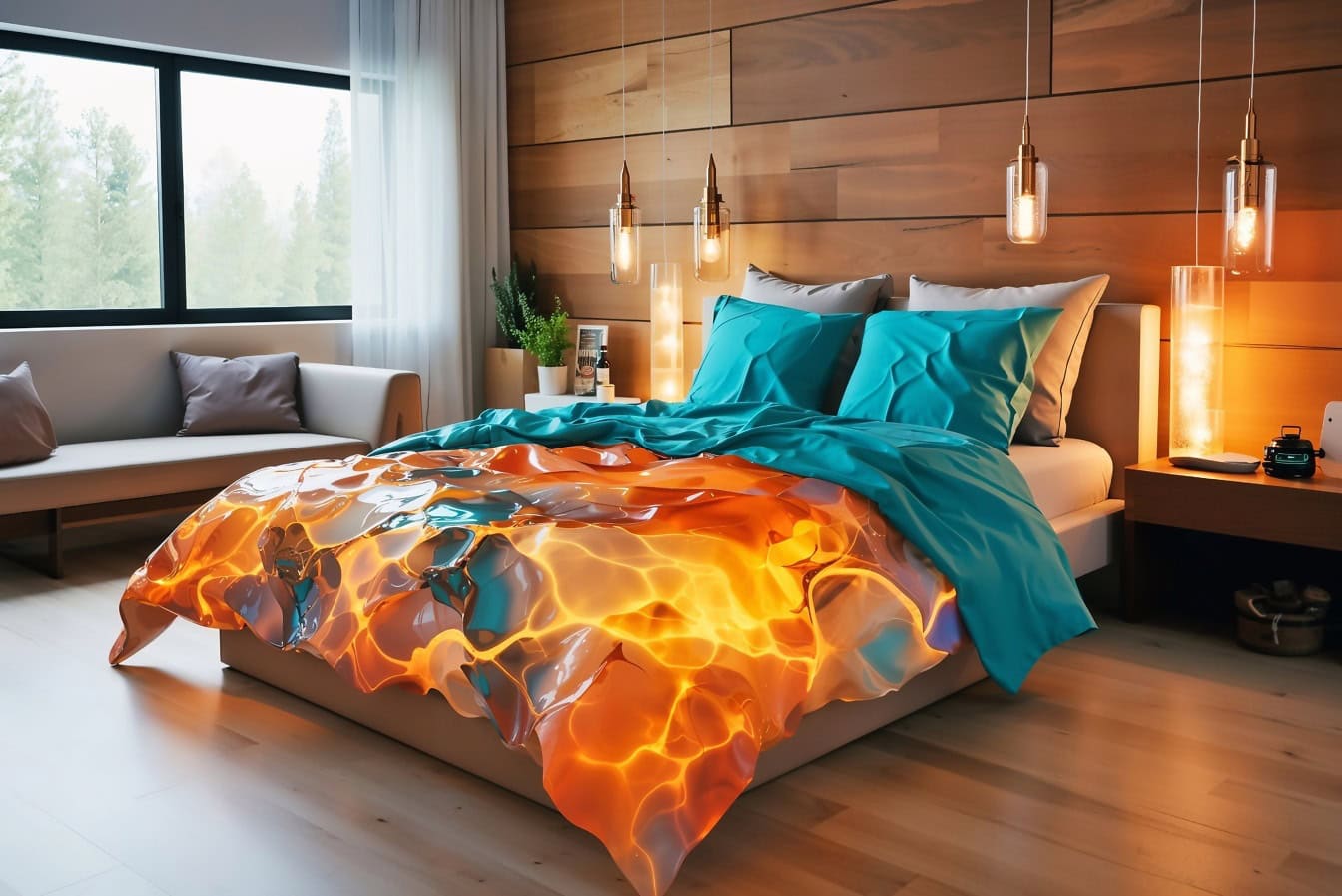 Kamar tidur dengan tempat tidur dengan bantal dan seprai dengan desain lava