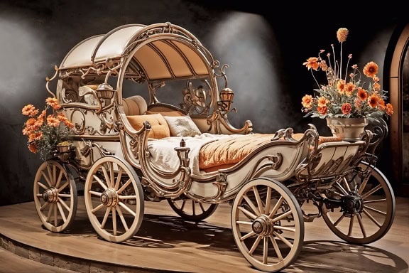 A viktoriánus stílusú kocsi ihlette ágy, amelyet arany díszek díszítettek virágokkal, vázákban, üres hálószobában, fekete falakkal