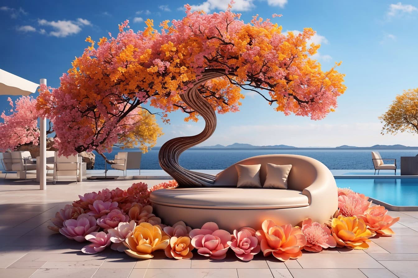 Sofa med pastellfarget skinn under et tre med oransje-gule og rosa blomster på terrassen til strandvillaen