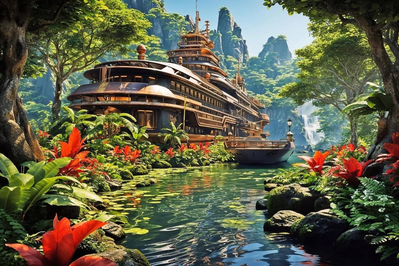 O vacanță de vis în paradis cu o navă de croazieră luxoasă pe un râu înconjurat de copaci tropicali și plante