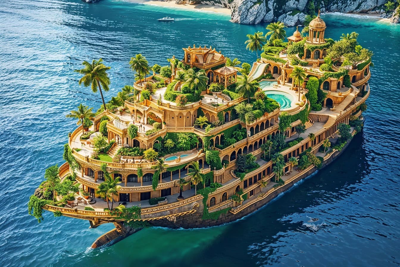 Una veduta aerea dell’esclusiva nave da crociera di lusso su sette piani con piante tropicali e piscina