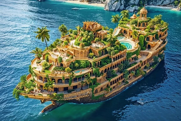 Letecký pohľad na jedinečnú luxusnú výletnú loď na sedem poschodí s tropickými rastlinami a bazénom