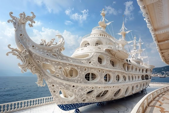 Yacht blanc dans un style de voilier victorien sur la terrasse en bord de mer d’une villa
