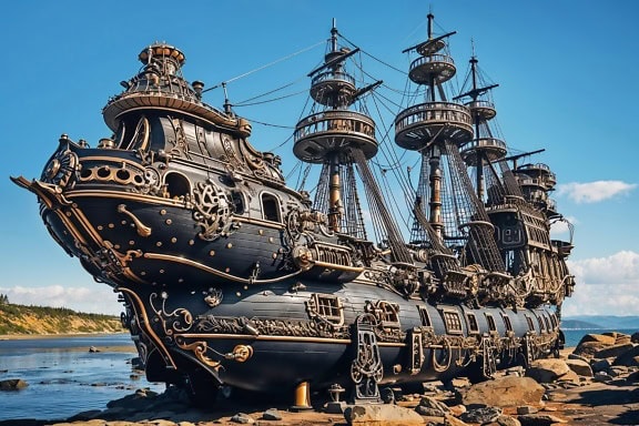 Большой черный галерный корабль, пиратский парусник в викторианском стиле на скалистом берегу