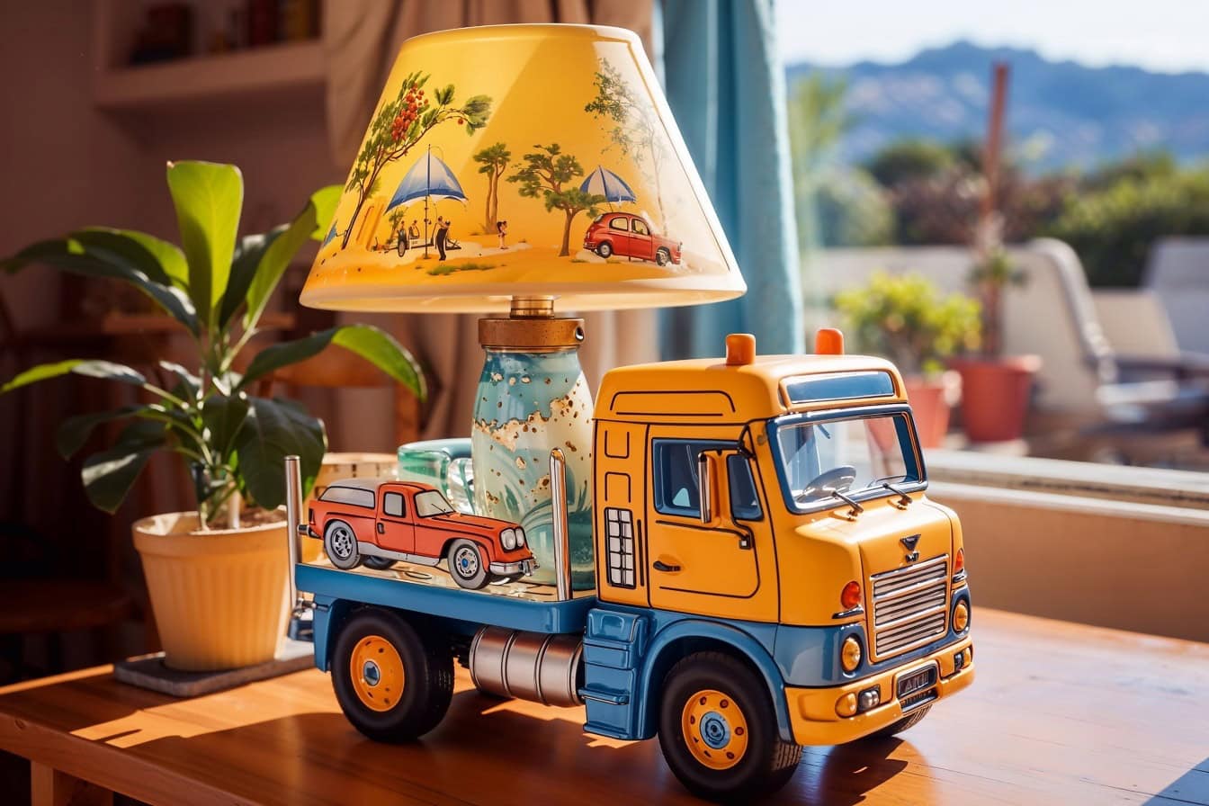 Zabawko-ciężarówka z lampą z abażurem w stylu retro, ciekawy ekspozytor na stoliku w pokoju dziecięcym