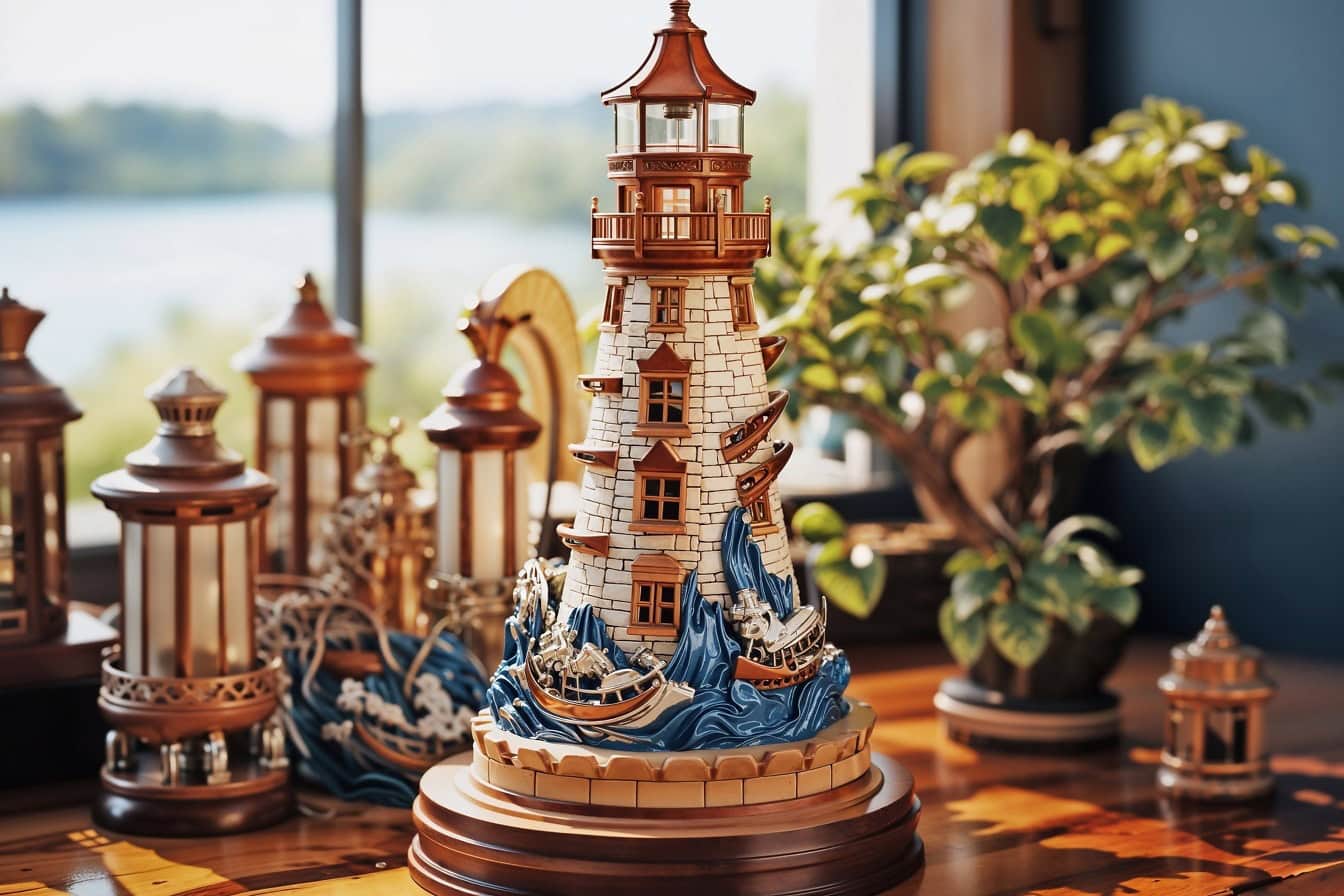 A világítótorony csodálatos 3D-s modellje tengeri-tengeri stílusban egy asztalon