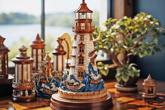 A világítótorony csodálatos 3D-s modellje tengeri-tengeri stílusban egy asztalon