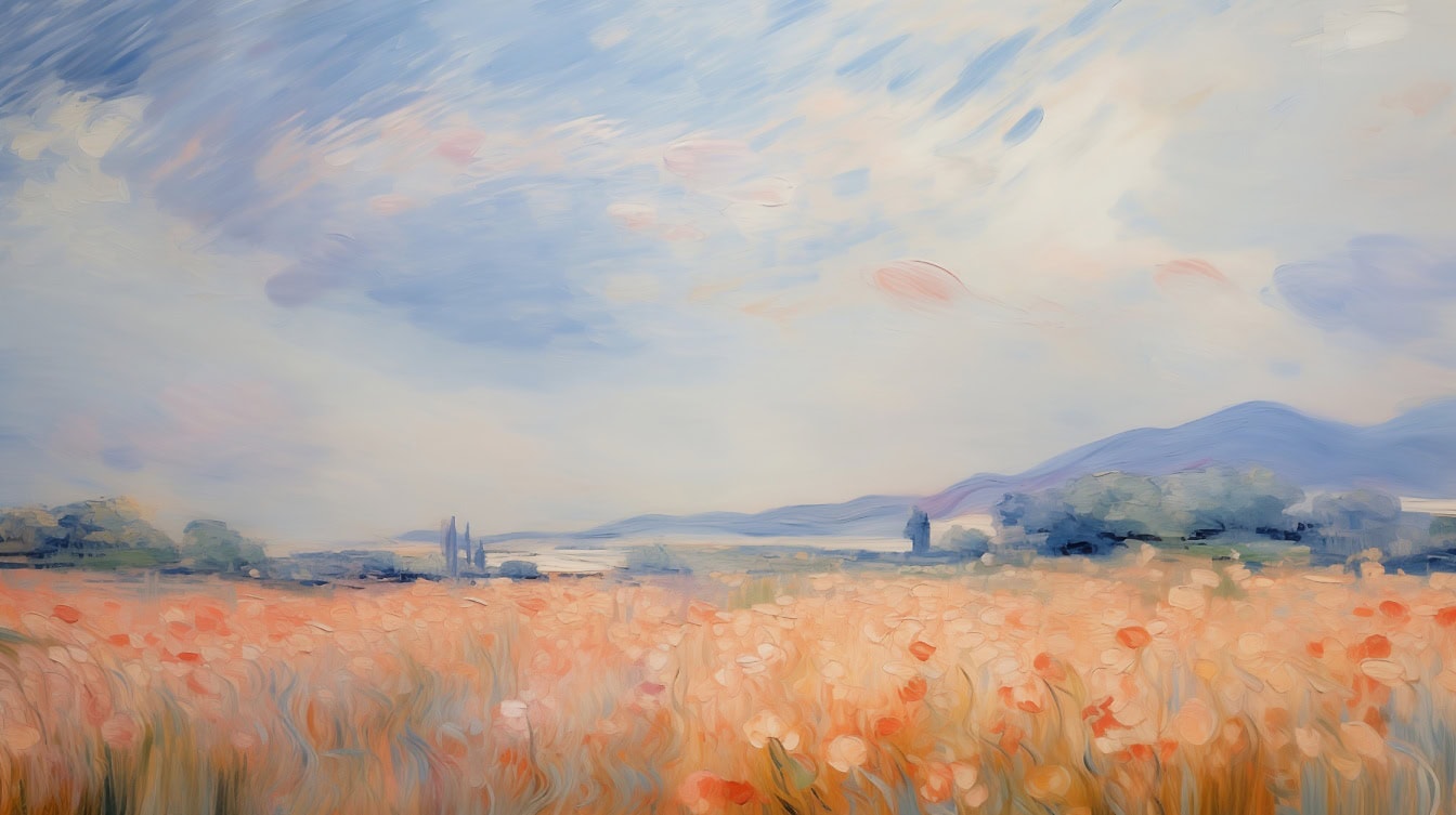 Lukisan cat minyak dari bunga kemerahan di ladang gandum pedesaan, menyerupai karya seniman terkenal