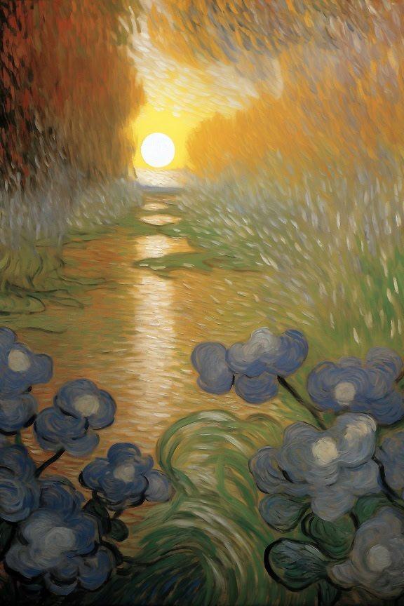 Oliemaleri af blomster og vand ved solnedgang i stil med den berømte kunstner Van Gogh