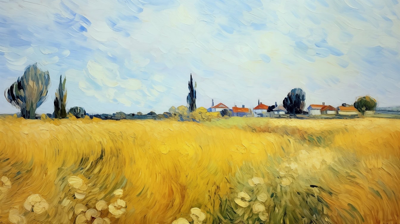 Oil on canvas of wheat fields and flowers in the countryside with silhouettes of houses in the distance, reminds of the work of famous artists