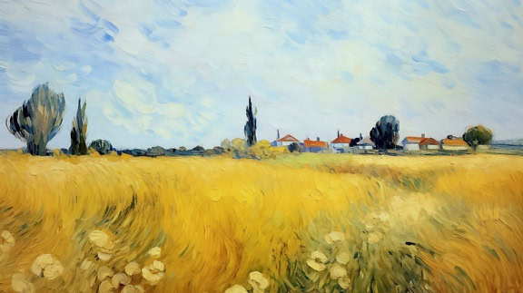 Olieverf op doek van korenvelden en bloemen op het platteland met silhouetten van huizen in de verte, doet denken aan het werk van beroemde kunstenaars