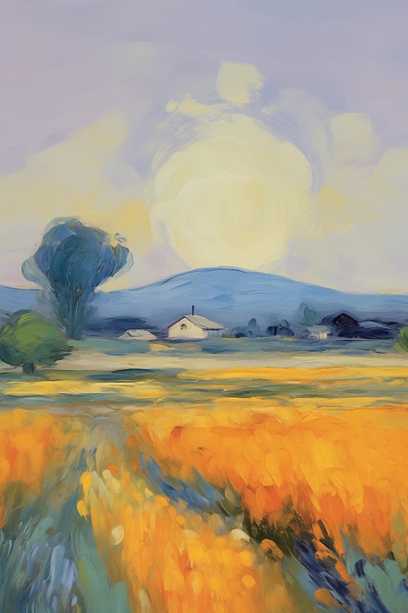 Abstraktná akrylová maľba vidieckej krajiny s pšeničným poľom a stromami a domami v diaľke na konci letnej sezóny