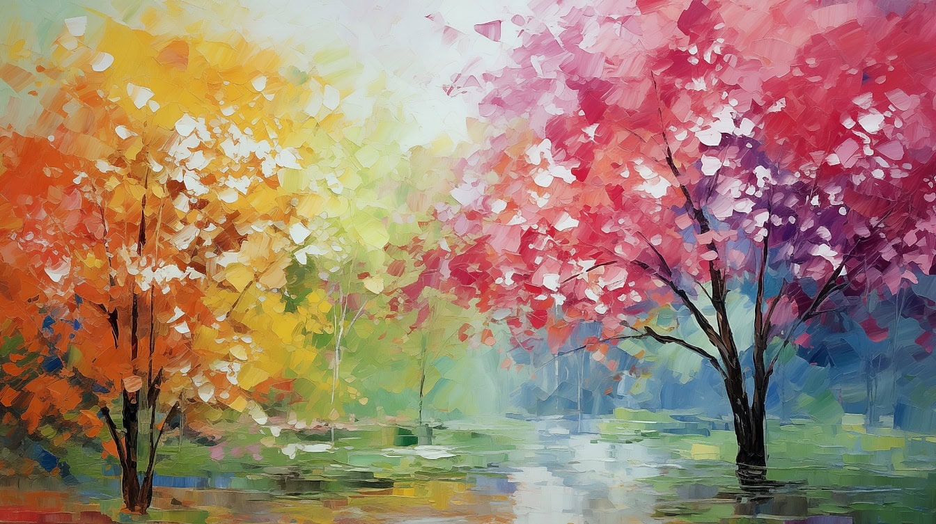 늦가을 시즌에 보라색-분홍색 잎을 가진 나무 옆에 주황색 노란색 잎이 있는 나무의 추상 아크릴 그림