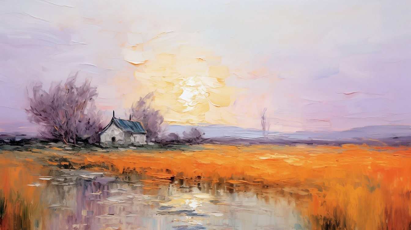Lukisan cat minyak rumah pedesaan saat fajar di tepi danau yang dikelilingi oleh rumput rawa