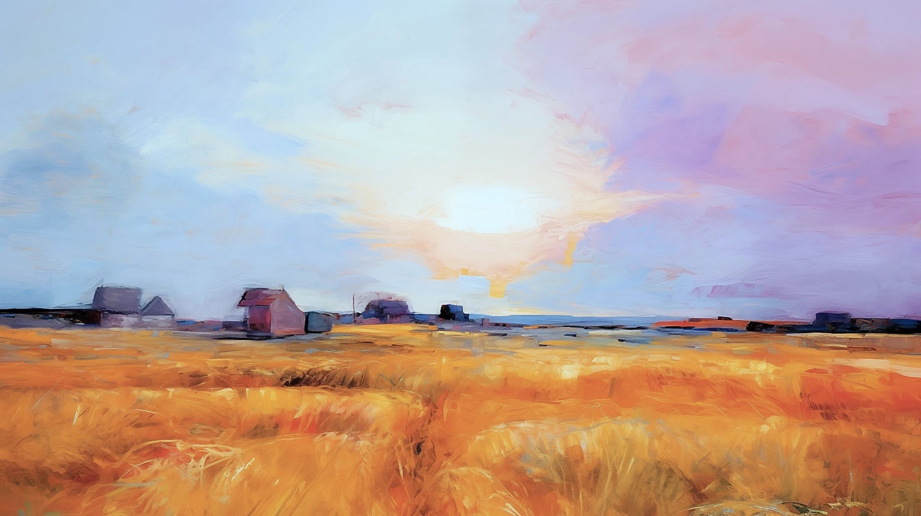 Sebuah karya seni, lukisan cat minyak dari lapangan rumput dengan rumah-rumah pedesaan di kejauhan pada akhir musim panas