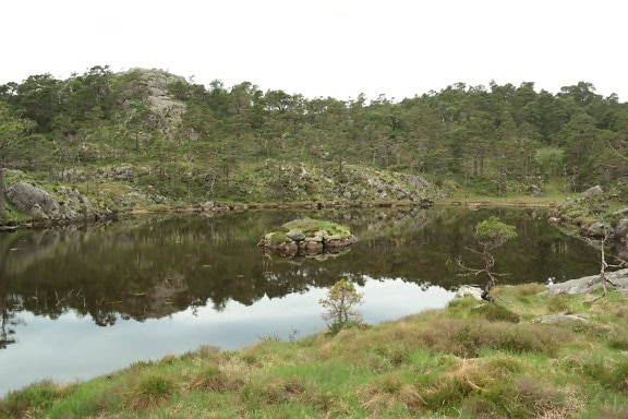 Lago da montanha com pequena ilha rochosa e árvores no fundo