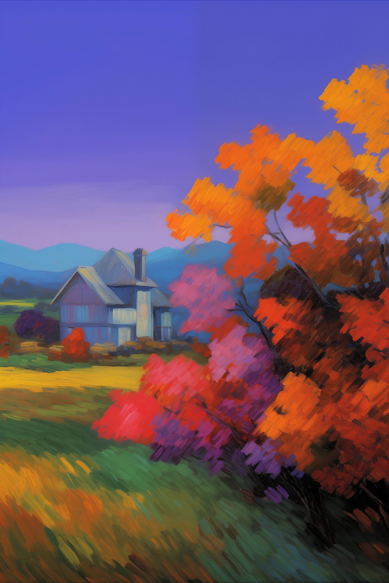 Bức tranh màu nước ấn tượng của một ngôi nhà nông thôn vào lúc hoàng hôn với một cái cây với lá mùa thu ở phía trước
