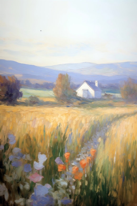 Impressionistisk akrylmaleri af et landsted på en græsmark