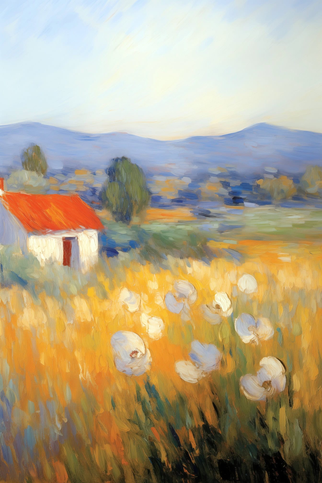 Lukisan akrilik impresionistik dari rumah pertanian pedesaan di ladang bunga