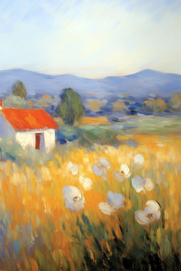 Impresionistická akrylová maľba vidieckeho statku v poli kvetov