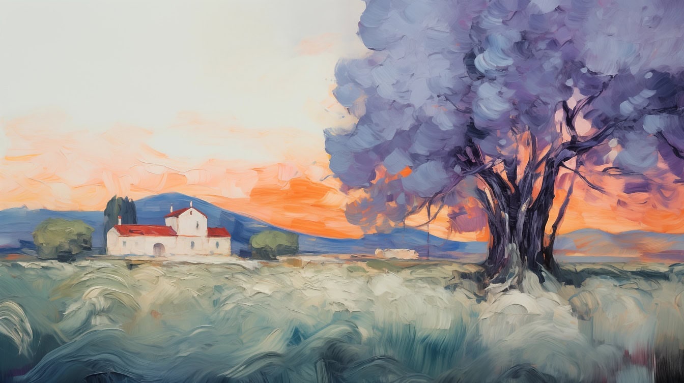 Lukisan impresionistik dengan cat air, warna pastel rumah pedesaan dan pohon di lapangan saat matahari terbenam