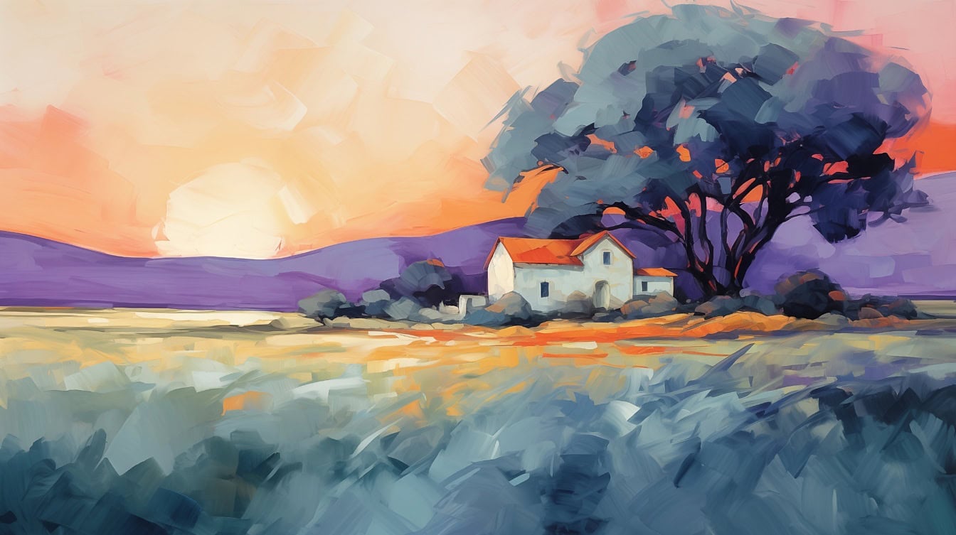 Impresszionista akvarell festmény egy vidéki házról egy mezőn naplementekor