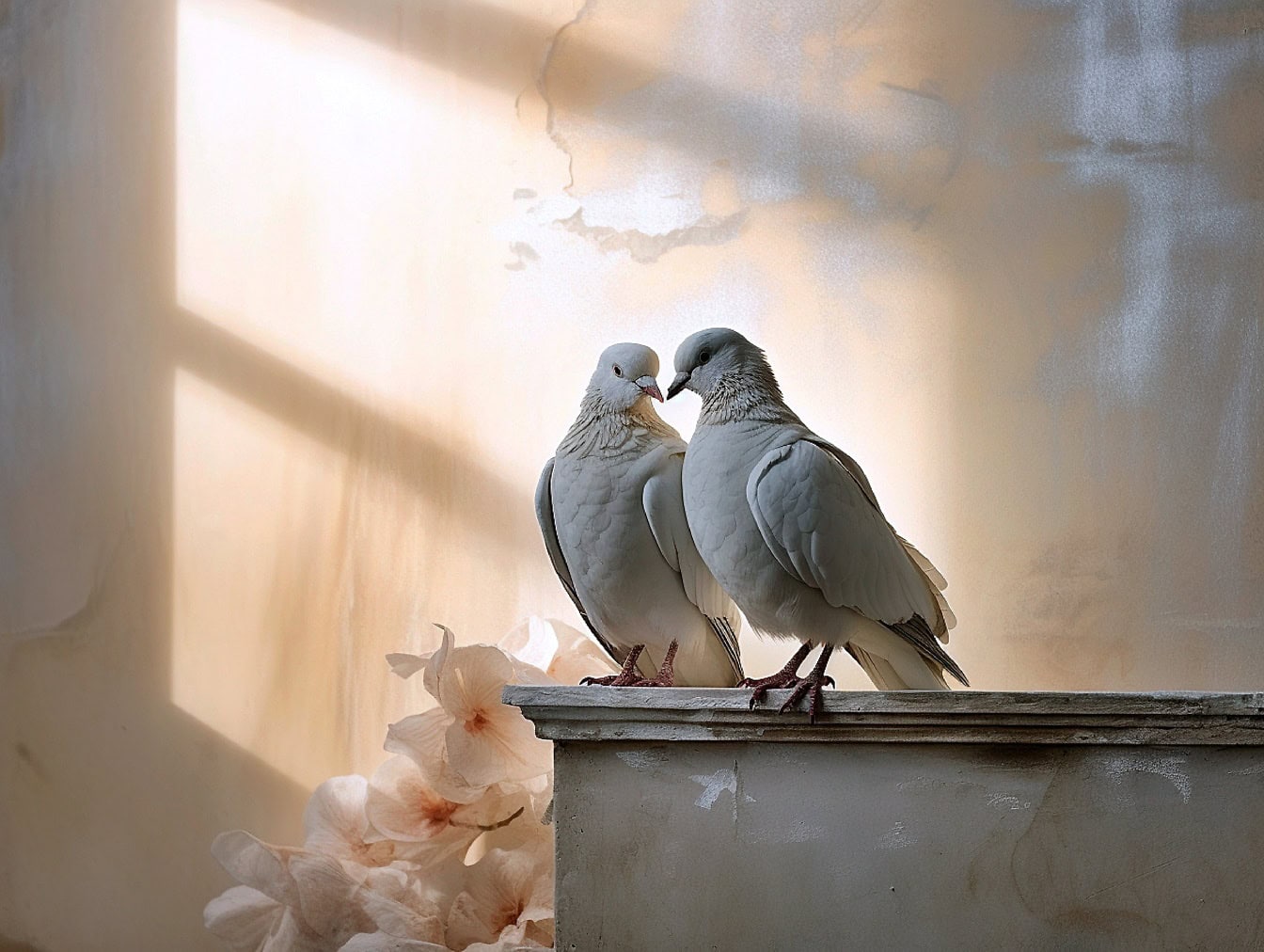 Romantisches Set mit weißer Taube und Taube, die im Halbschatten stehen, mit pastellfarbenen Blumen im Hintergrund