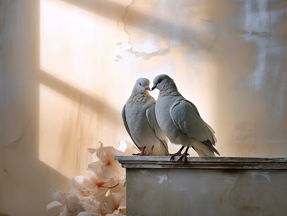 白い鳩と鳩が半日陰に立っていて、パステルカラーの花を背景にしたロマンチックなセット