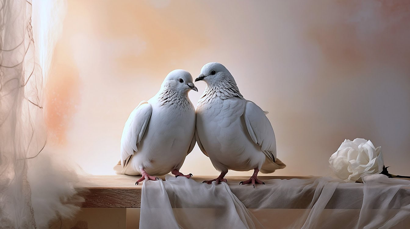 ชุดโรแมนติกกับนกพิราบสีขาวสองตัวยืนอยู่บนหิ้งถัดจากดอกกุหลาบสีขาวในสตูดิโอถ่ายภาพ