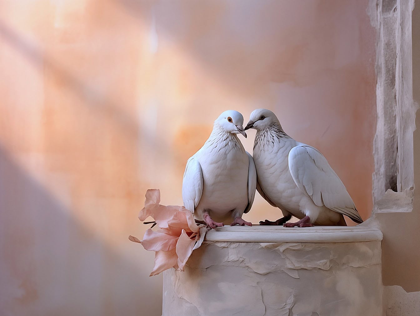 Ilustración gráfica romántica de palomas blancas en una vieja columna de yeso descompuesta