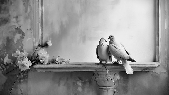 Черно-бял фотомонтаж на двойка гълъби, стоящи върху стара гипсова рамка на стената