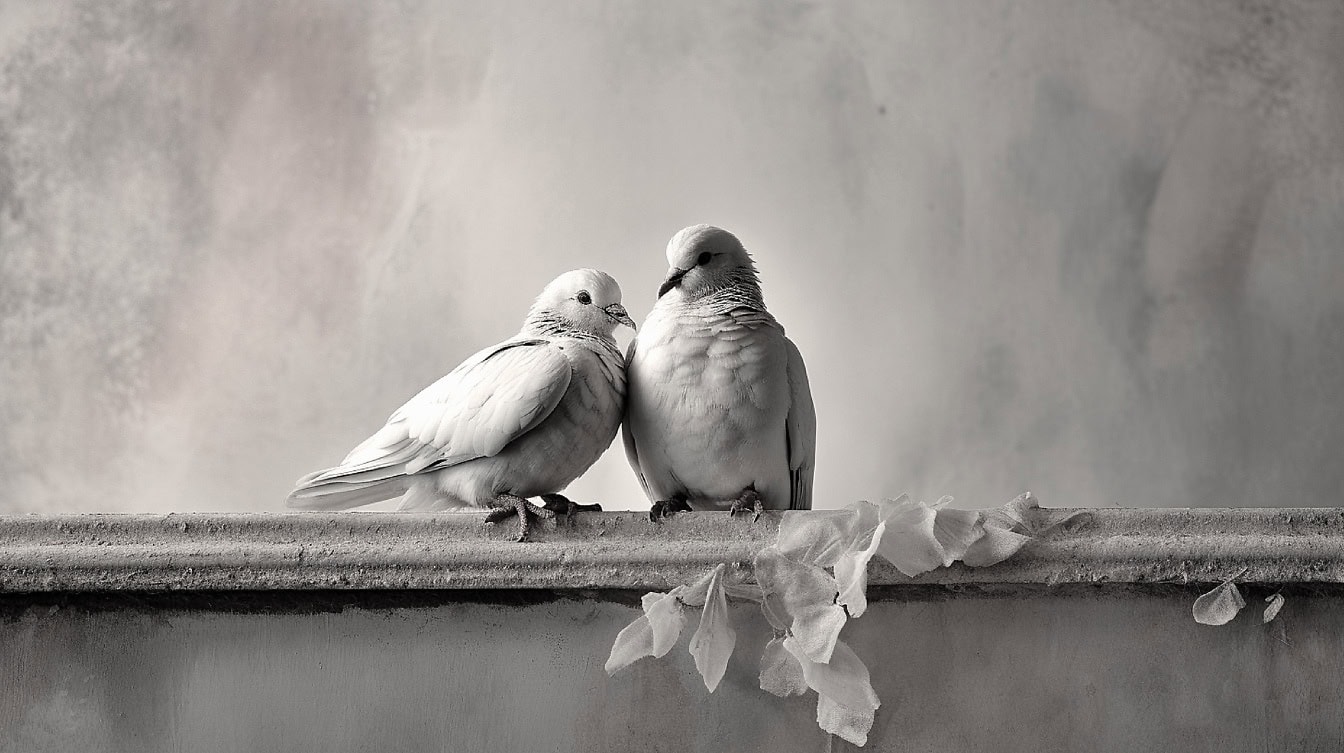 Černobílá studiová fotografie dvou holubic stojících na římse