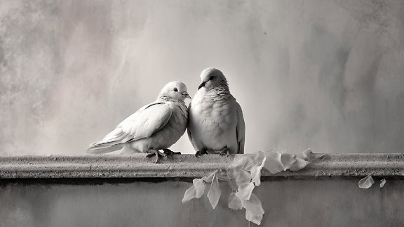 Fotografie de studio alb-negru a doi porumbei stând pe o margine