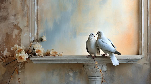 Чифт два бели гълъба върху гипсова рамка на стената