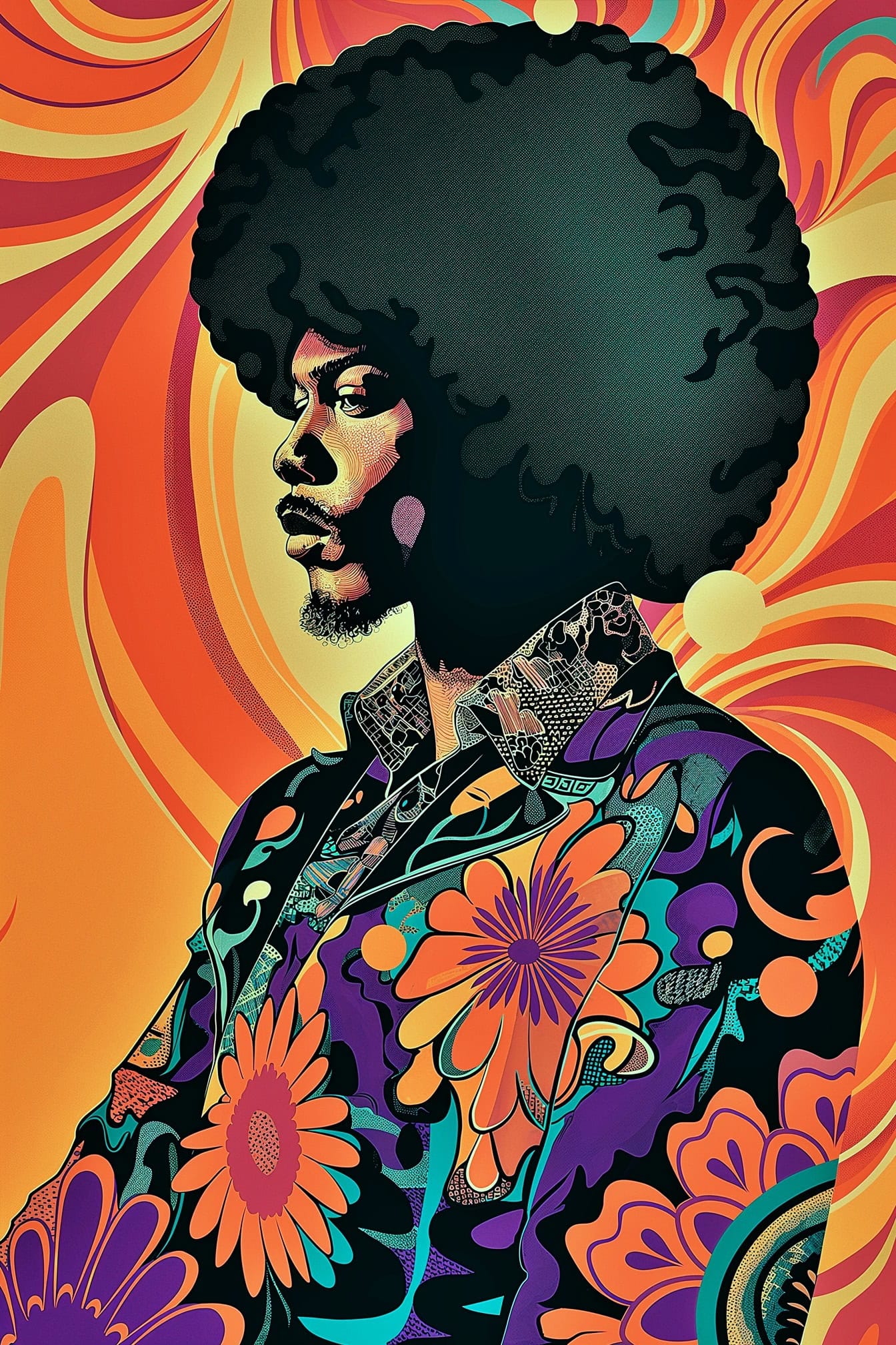 Žiarivý plagát s portrétom Jimiho Hendrixa s veľkým afro účesom a abstraktným pozadím v štýle pop-artu