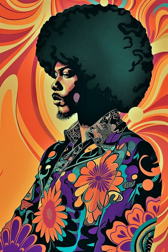 Levende plakat med portræt af Jimi Hendrix med stor afrofrisure og abstrakt baggrund i pop art-stil